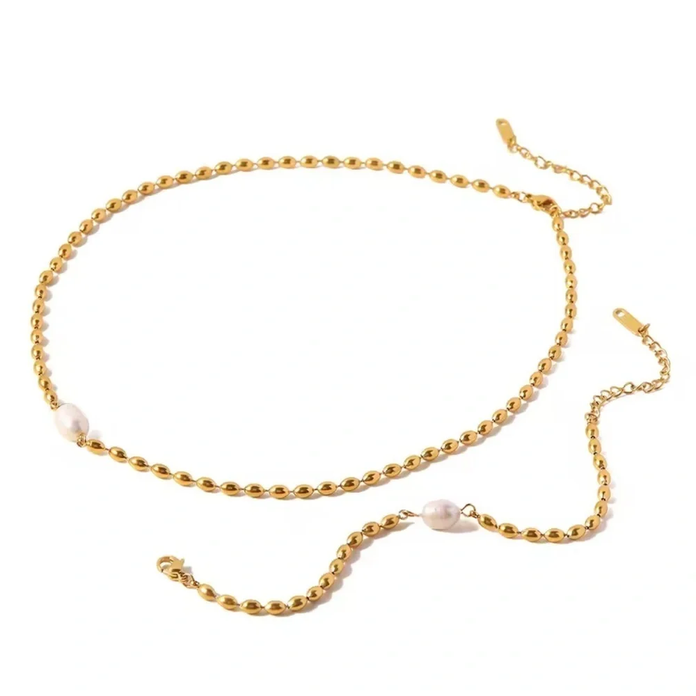 Luxury Minimal Gold & Pearl Necklace Bracelet Set